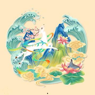 九色鹿手绘扇子图片高清